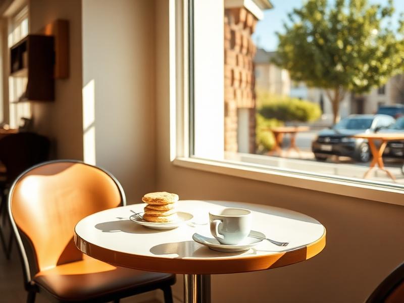 A sunny cafe patio with a shared table