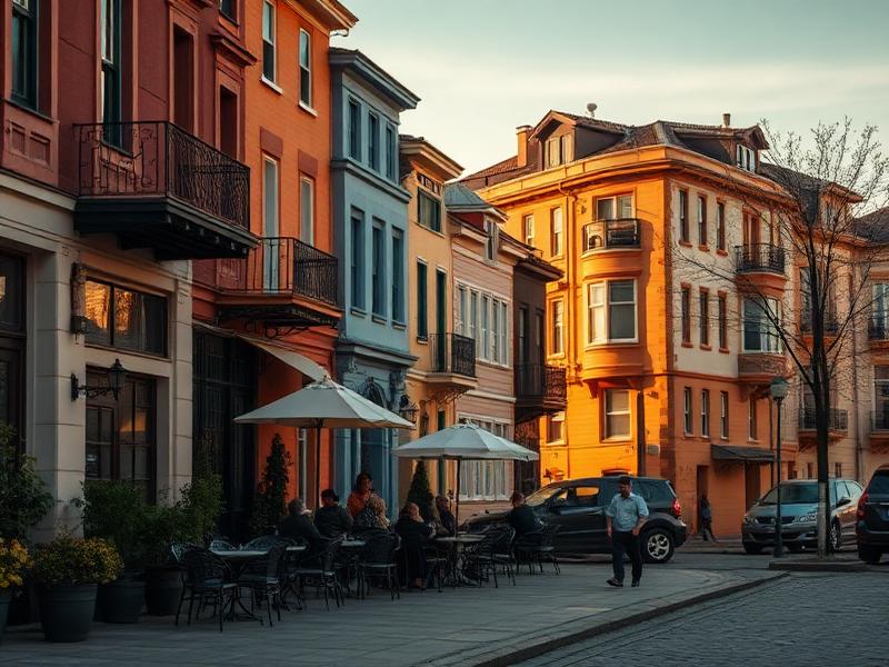 A city street of storefronts in the early evening